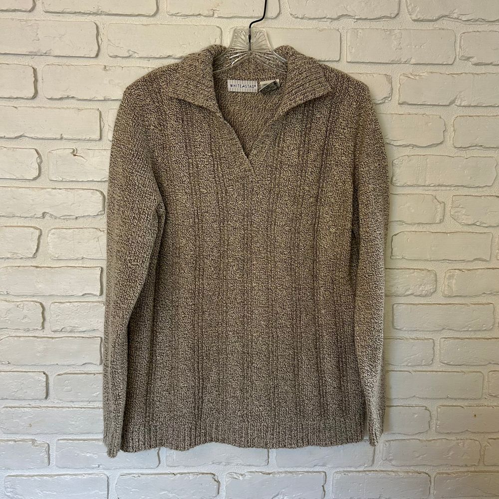 Vintage White Stag Cable Knit V-neck Collared Sweater